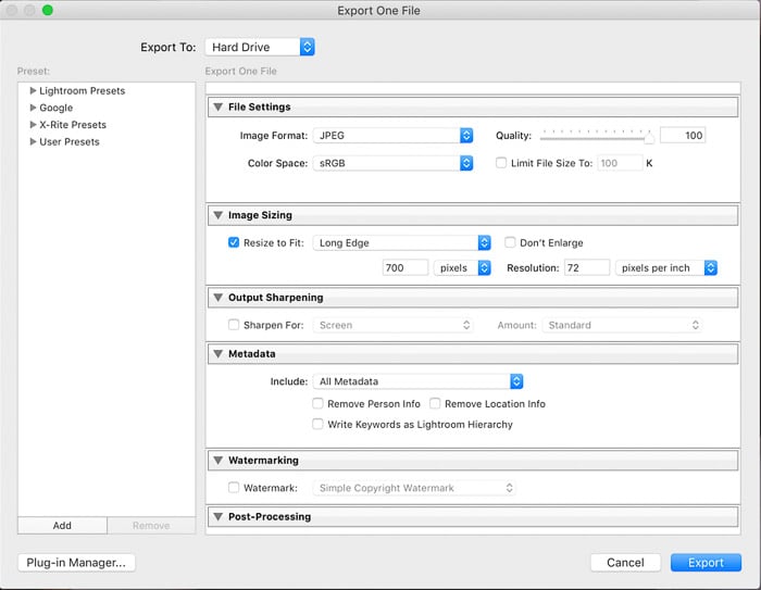 screenshot of exporting photos on Lightroom product photography editing tips