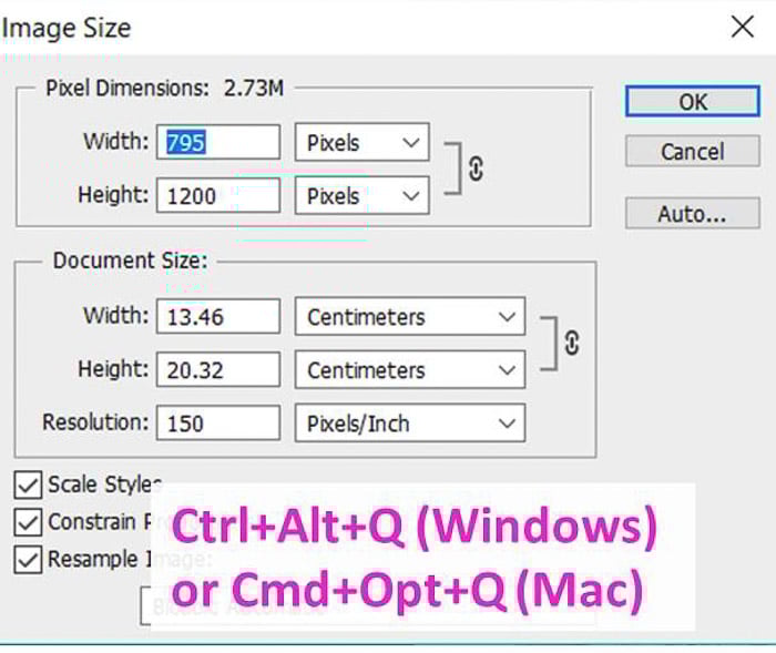 Screenshot of using the image size shortcut on Photoshop 