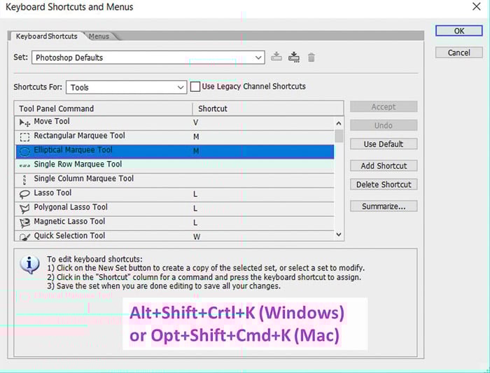 Screenshot of using the shortcut for Photoshop shortcuts