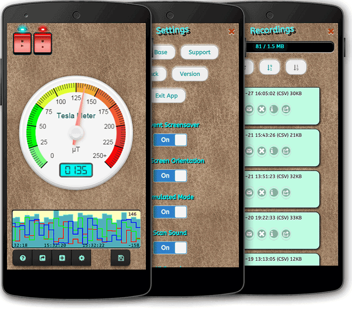 Three smartphone screens showing Tesla Field Recorder drone apps on each screen