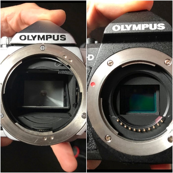 Diptych showing the mirror in the Olympus OM-1 SLR camera (left). On the right no mirror is present the interior of the modern Olympus OM-D EM-5 Mk ii mirrorless camera