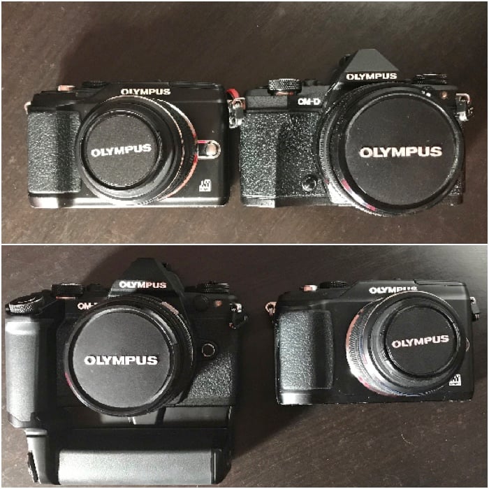 Diptych comparison between the EPL-2 and the OM-D EM-5 Mk ii with and without power grip.