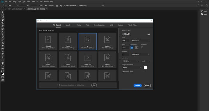 Screenshot of creating a new document in Photoshop
