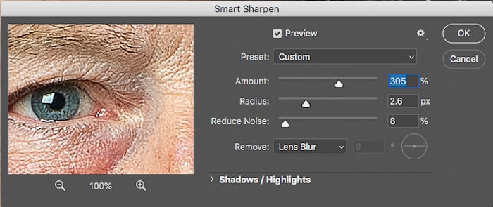 Screenshot of settings for the smart sharpening used for how to Photoshop portrait photos.