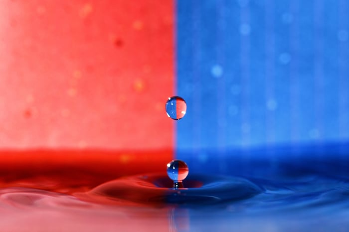 Water drop photography using refracted light against a blue and red background