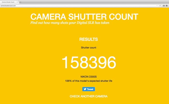 Screeshot of camera shutter count website 