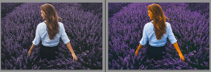 Diptych showing what is saturation and what it does to a portrait photo 