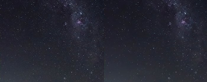 Diptych of a star filled sky before and after noise reduction