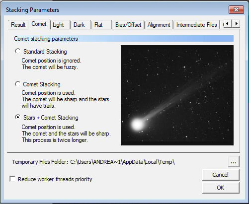  The Comet tab in the Stacking Parameters panel. Deep Sky Stacker interface