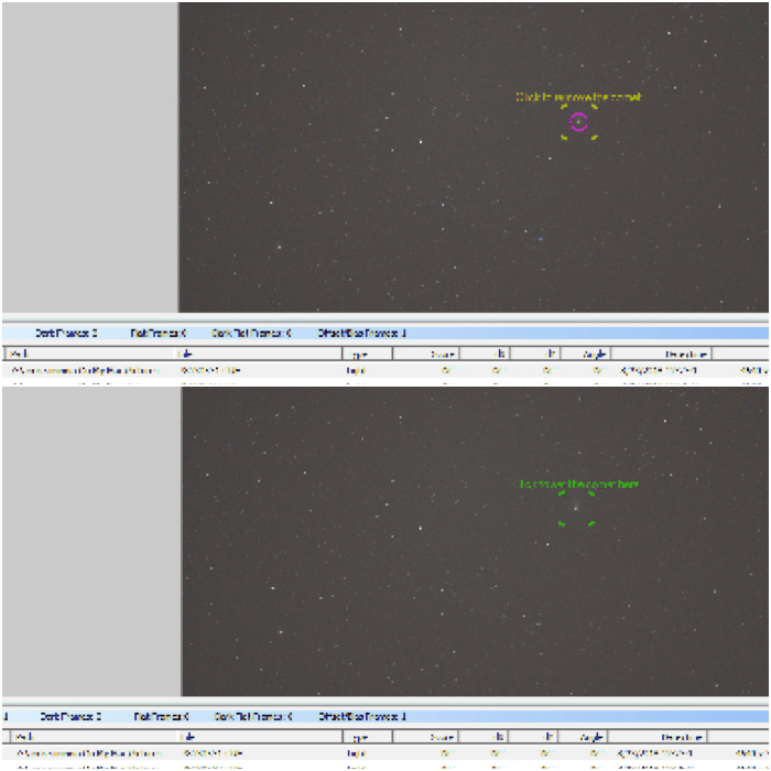 A pink circle (top) shows where the comet was located in the previous image. Click on the comet to deselect the old position (the cursor becomes green) and click again on the center of the comet to select the new position (bottom). Save and move to the next image.