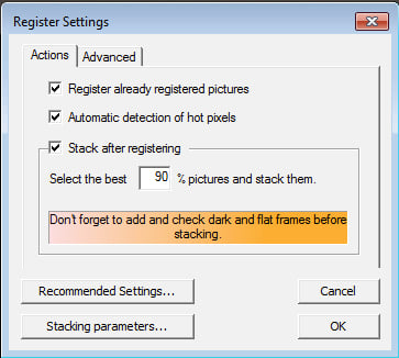 The Register Settings panel on deep sky stacker