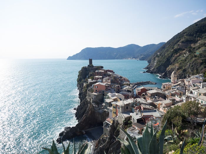 A summer landscape shot of an Italian coastal town demonstrating classic loss of contrast