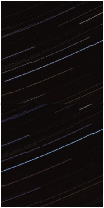 A diptych close up of startrails processed with StarStax