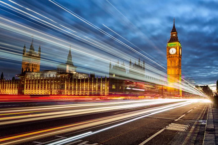 Big Ben and the Palace of Westminster with light trails - photography in London