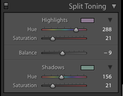 A screenshot showing how to use split toning to achieve the Film Photography look