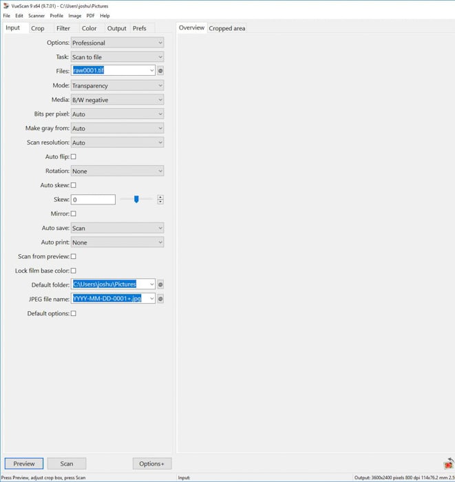 A screenshot of VueScan film scanning software interface