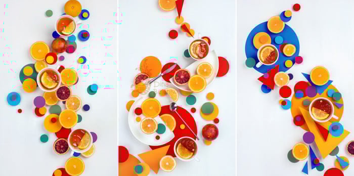 A fun food photography triptych with emphasis on bright contrasting colors