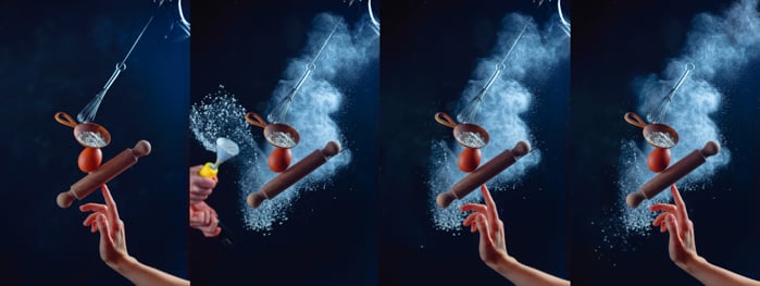 Photogrid showing the stages of shooting a still life using flying kitchen utensils and flour clouds - creative still life photo