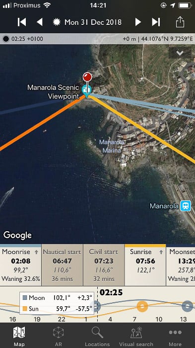 Screenshot of the Photographer's Ephemeris interface on a smartphone screen - Sun and Moonrise and set points are shown as line radiating from the location pin.