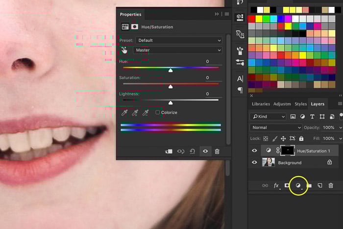 A screenshot showing how to add hue saturation adjustment layers in Photoshop