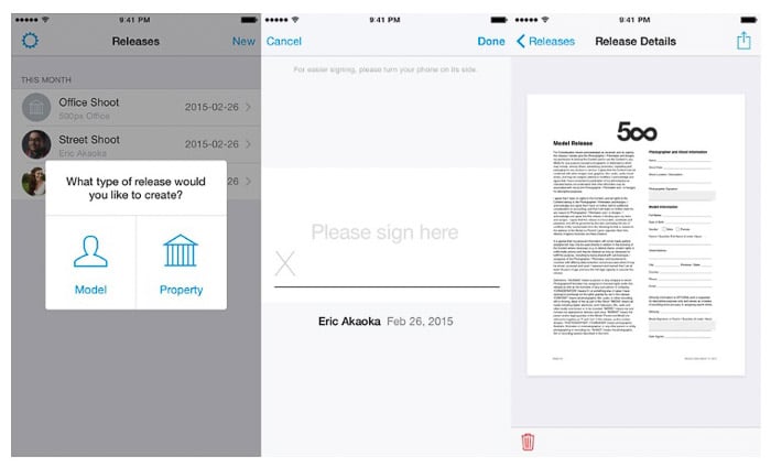 A screenshot of Releases by 500px interface - best model release apps