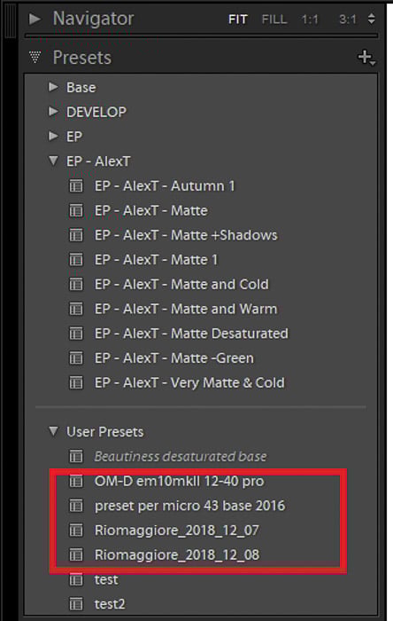 A screenshot of choosing user presets in Lightroom - how to use color checker