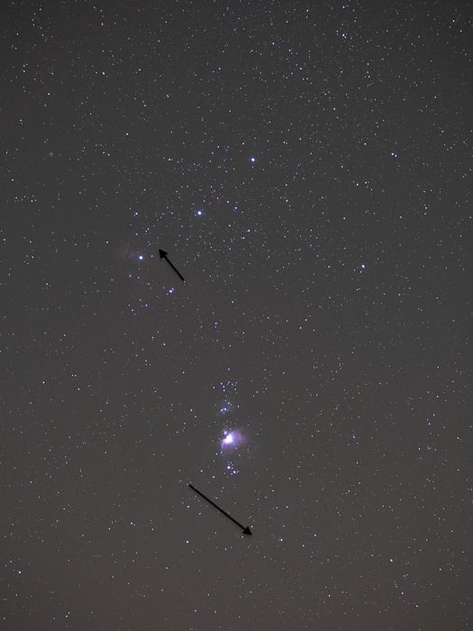 Two small trails from artificial satellites are barely visible in this shot from my series on M42.