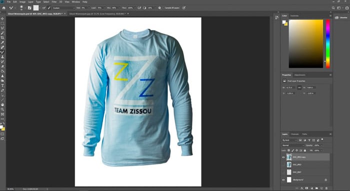 a screenshot of how to edit clothing photography in photoshop - removing wrinkles with frequency separation