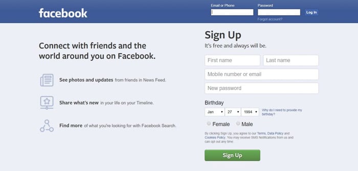 A screenshot of Fagebook login page