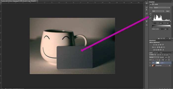 A screenshot showing how to do color correction in Photoshop with a grey card
