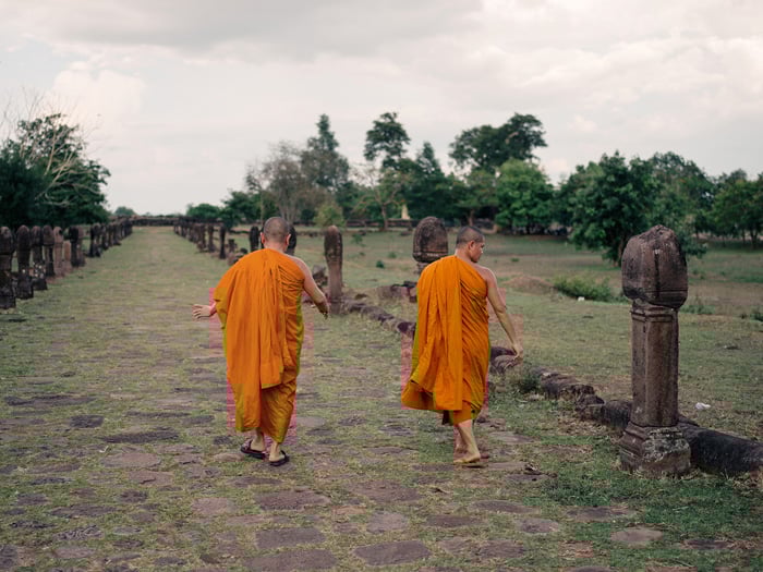 A photo of two orange robed monks walking in a field