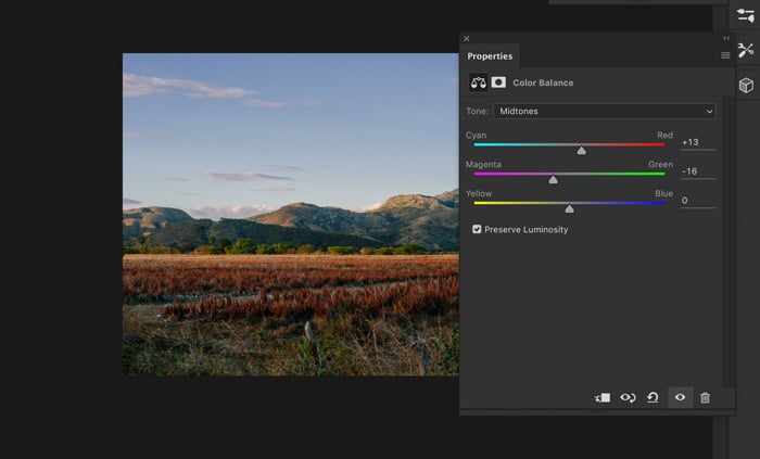 A screenshot showing how to change color of photo in Photoshop - color balance