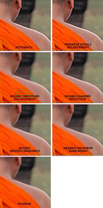 A screenshot comparing resampling modes of the same image in Photoshop