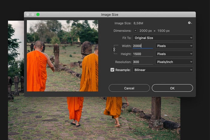 A screenshot showing how to adjust image size in Adobe Photoshop
