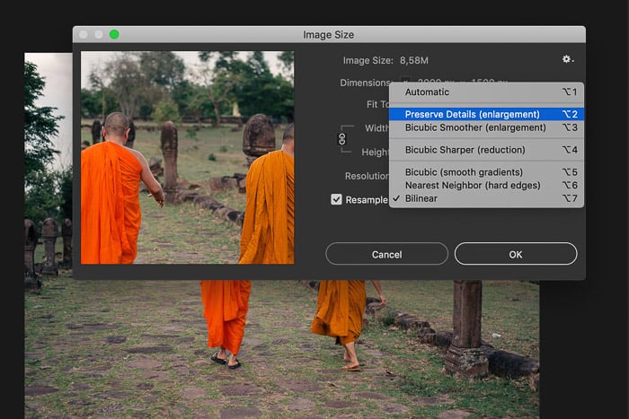 A screenshot showing how to preserve details (enlargement) of image in Photoshop