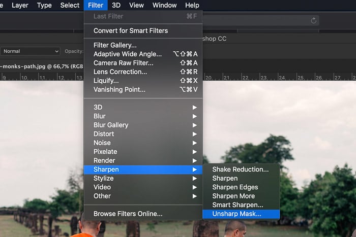 A screenshot showing how to select unsharp mask in Photoshop