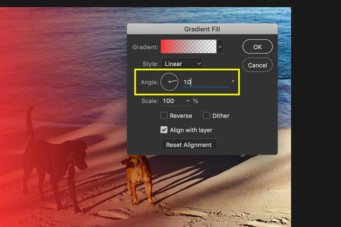 A screenshot of how to use gradient fill to add light leaks to a photo in Photoshop