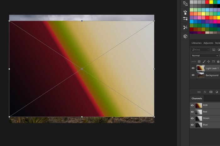 A screenshot showing how to use Light Leak Overlays in Photoshop - resize or reposition