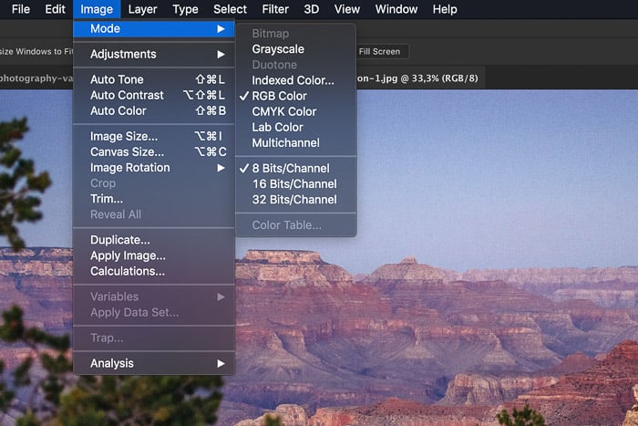 A screenshot of choosing color modes in photoshop - color management