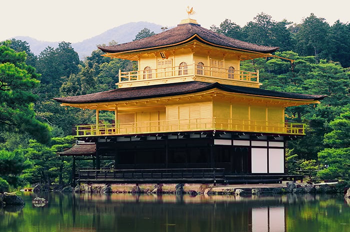 The gold covered temple of Kinkakuji in Kyoto,next to a forest and a pond. Japan photography tips