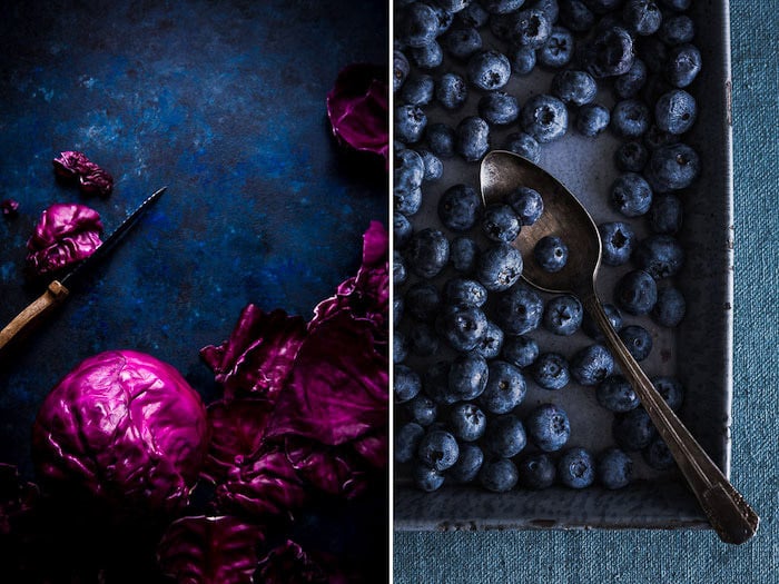 A food photo diptych of berries on blue background