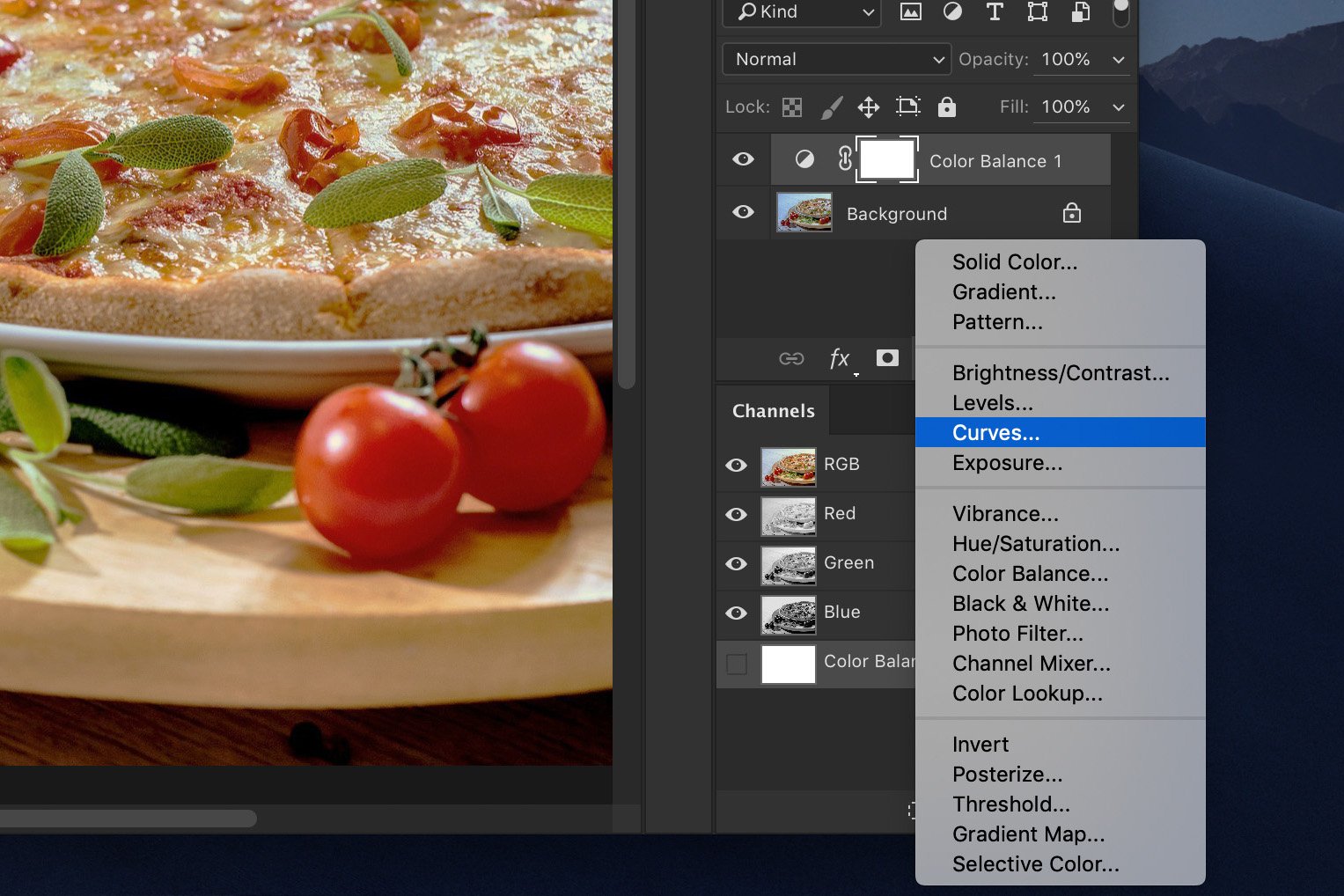 A screenshot showing how to edit food photography in Photoshop - add contrast