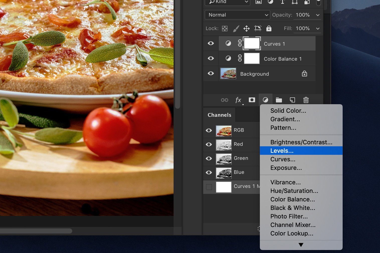 A screenshot showing how to edit food photography in Photoshop by lifting the highlights