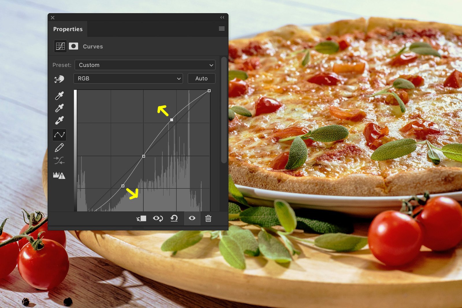 A screenshot showing how to edit food photography in Photoshop - contrast