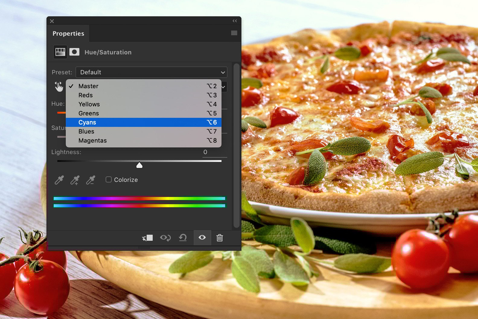 A screenshot showing how to edit food photography in Photoshop - cyans