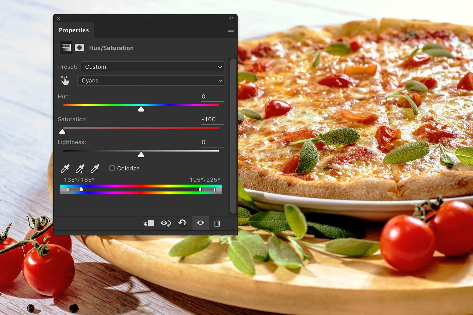A screenshot showing how to edit food photography in Photoshop - saturation