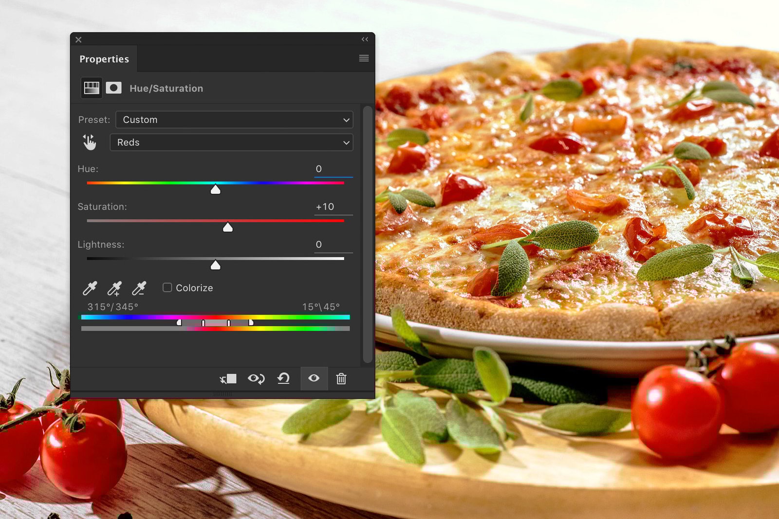 A screenshot showing how to edit food photography in Photoshop with saturation