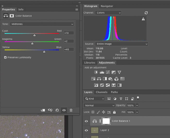 a screenshot showing how to edit astrophotography in Photoshop