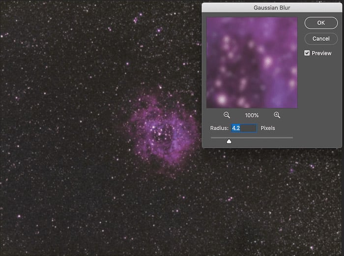 A screenshot of using gaussian blur in Photoshop to edit astrophotography