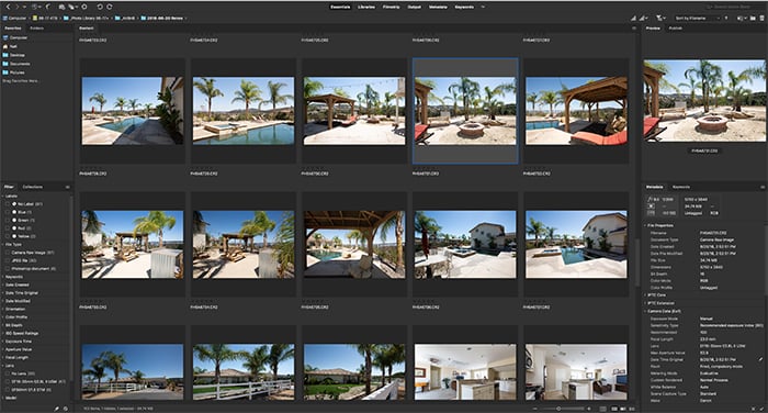 Screenshot of the Adobe Bridge home screen with metadata on the right column and folders and filters on the left column